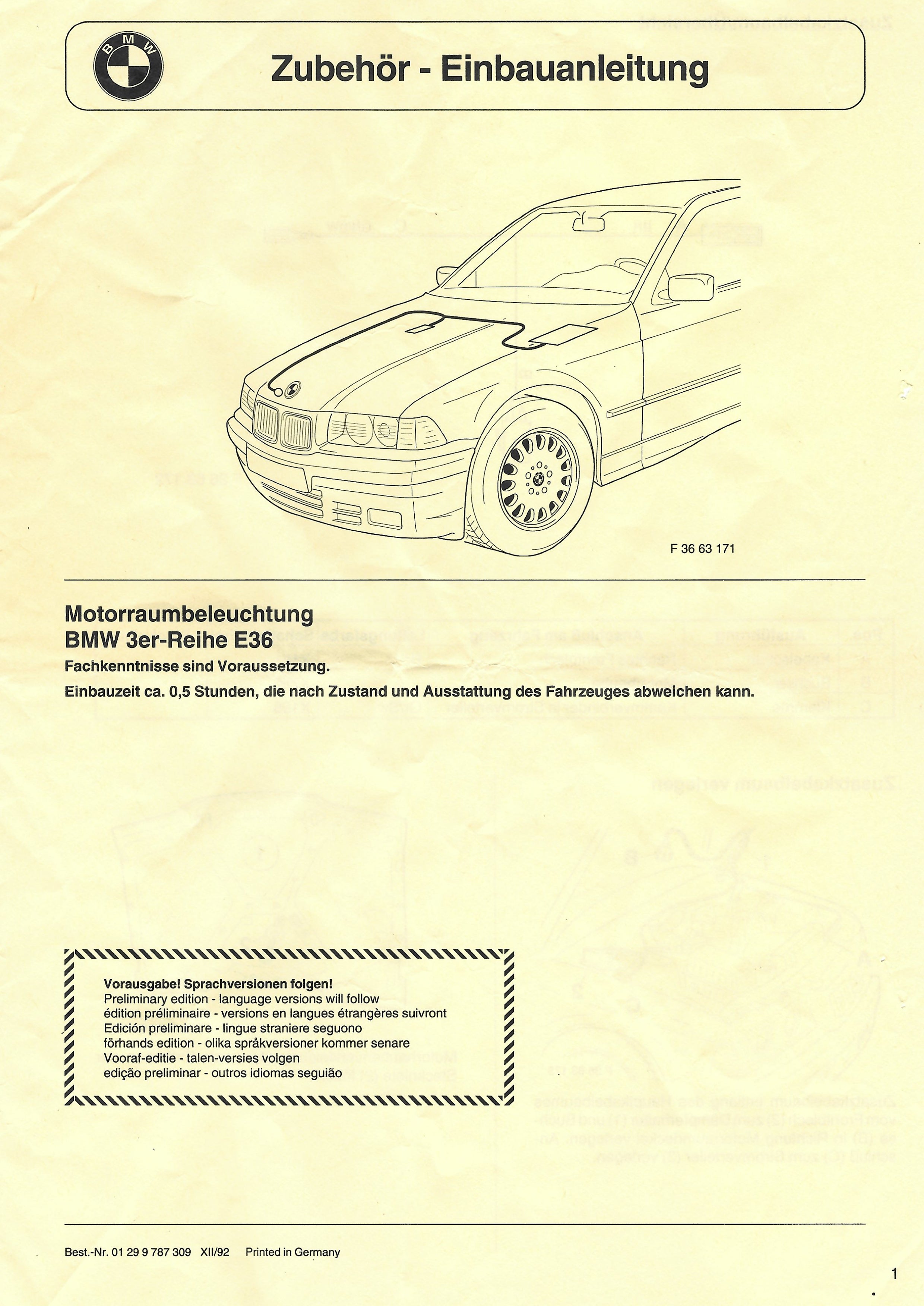 Original BMW E36 Under Hood Light Retrofit Kit